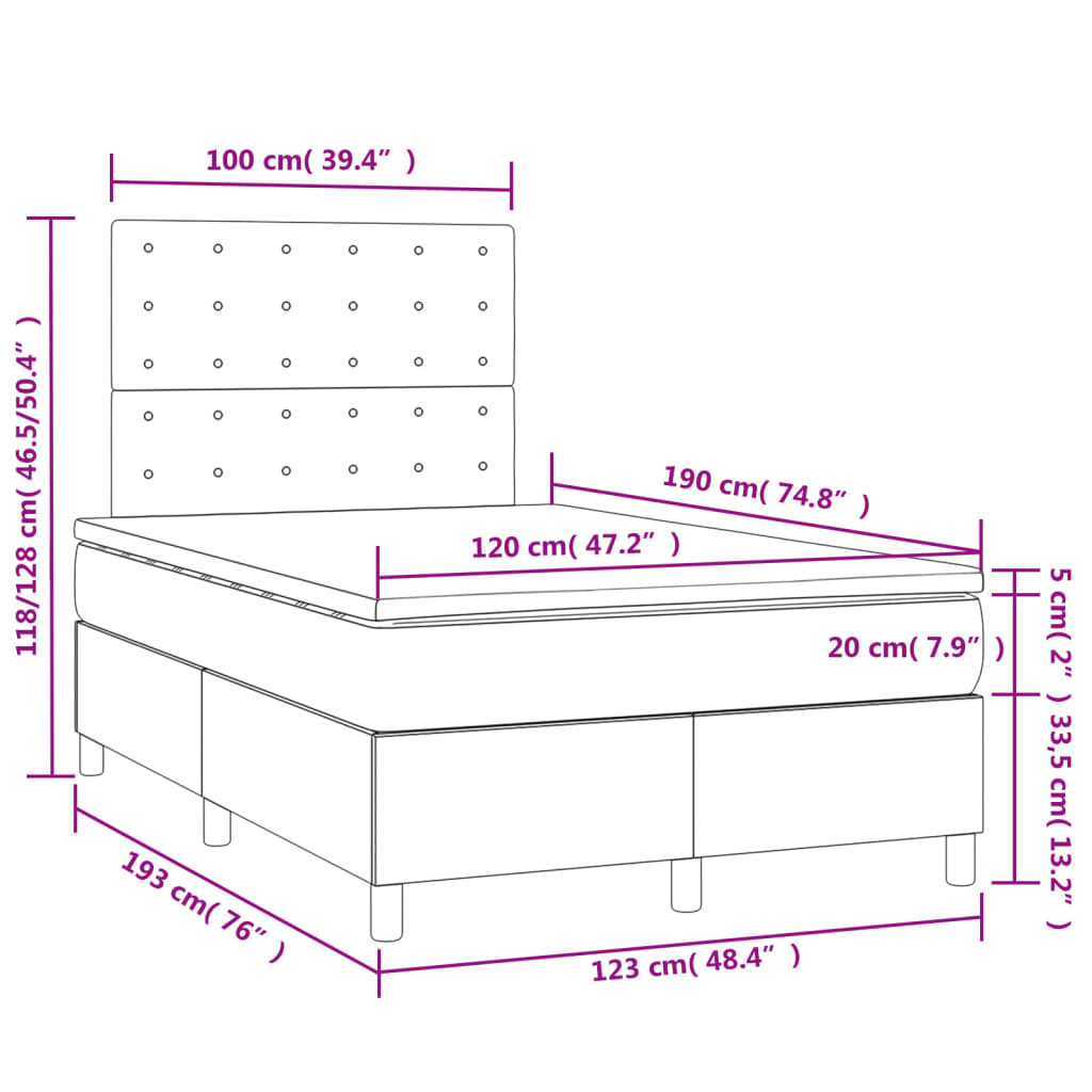 vidaXL Łóżko kontynentalne z materacem i LED, cappuccino, 120x190 cm