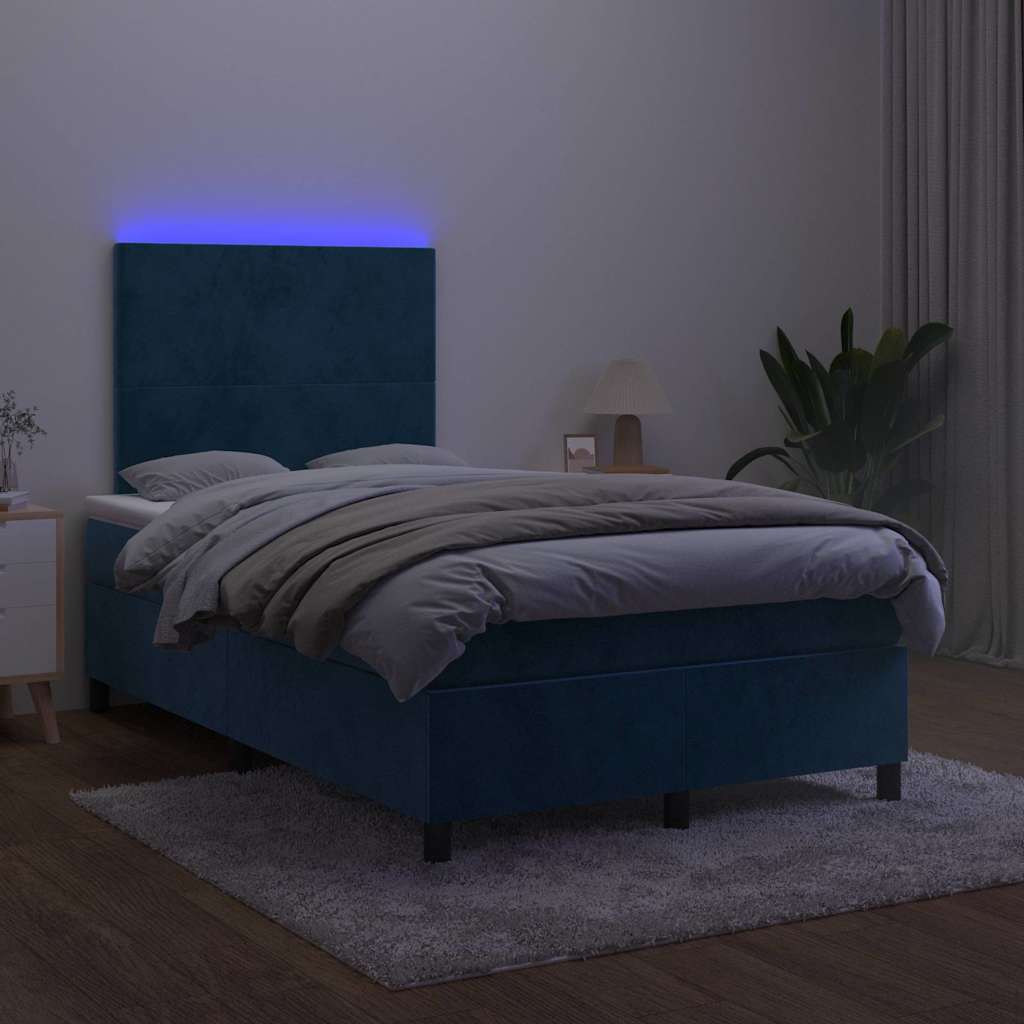 vidaXL Łóżko kontynentalne z materacem i LED, granatowe, 120x190 cm