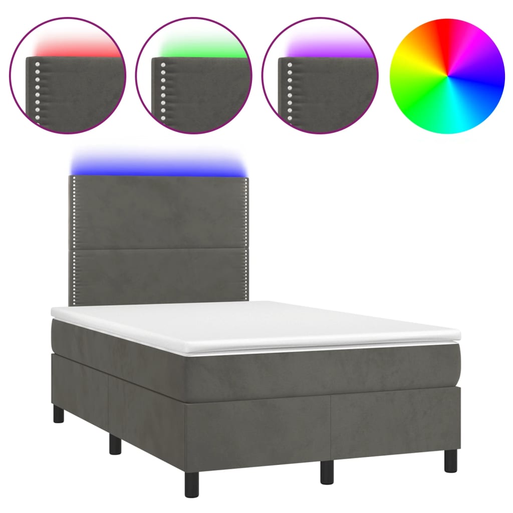 vidaXL Łóżko kontynentalne z materacem i LED, ciemnoszare, 120x190 cm