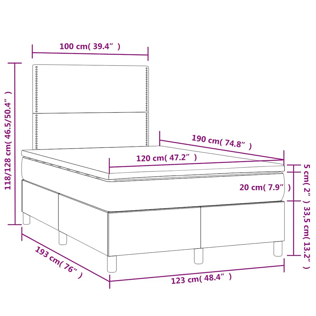 vidaXL Łóżko kontynentalne z materacem i LED, czarne, 120x190 cm