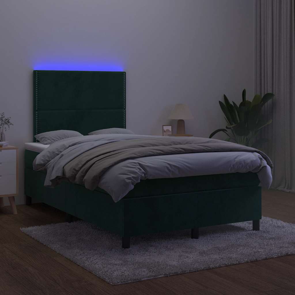 vidaXL Łóżko kontynentalne z materacem i LED, ciemnozielone, 120x190cm