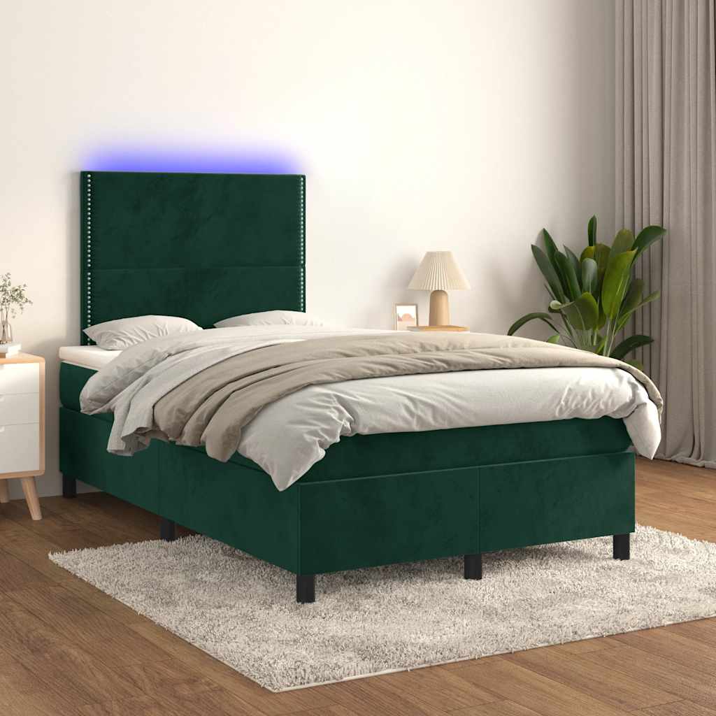vidaXL Łóżko kontynentalne z materacem i LED, ciemnozielone, 120x190cm