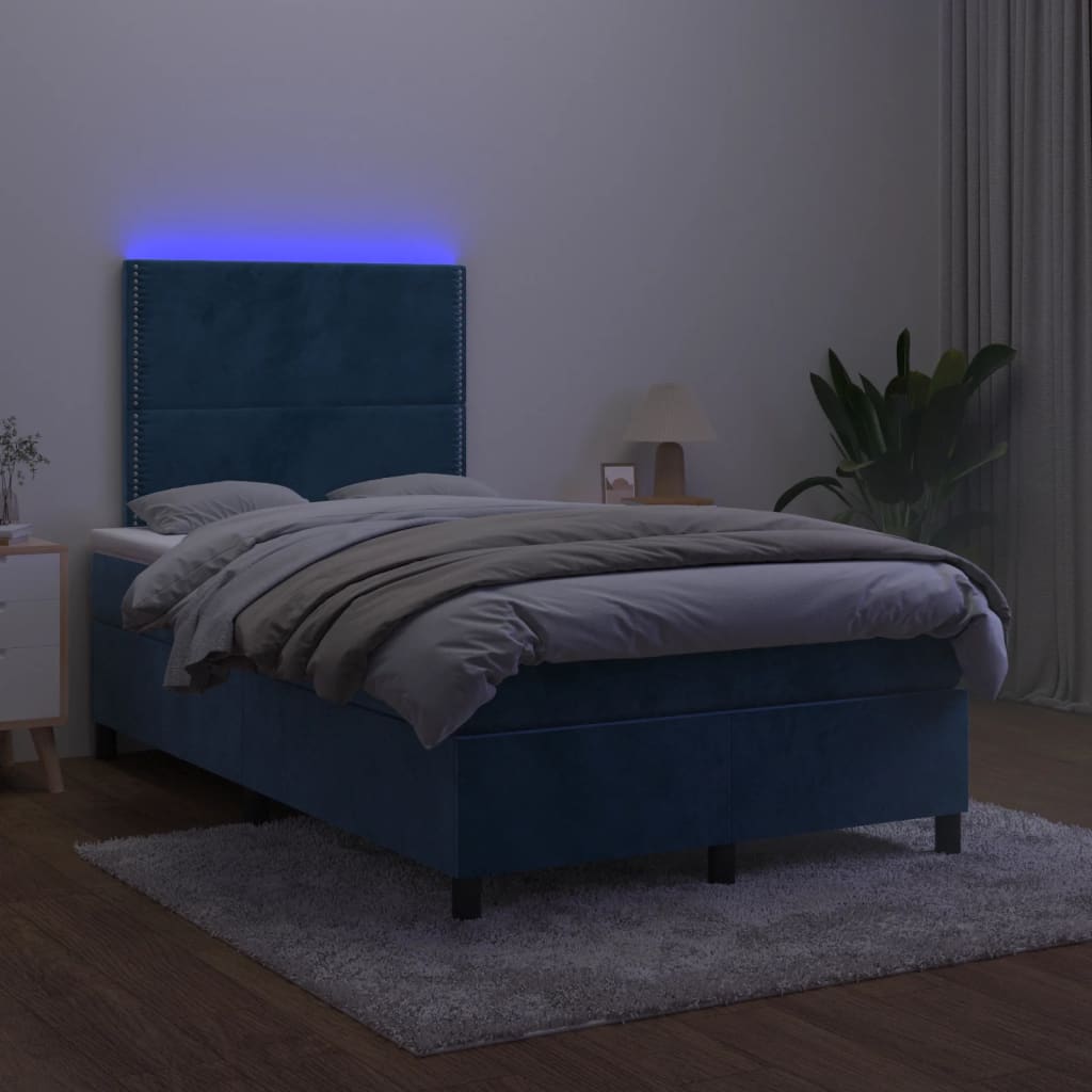vidaXL Łóżko kontynentalne z materacem i LED, granatowe, 120x190 cm