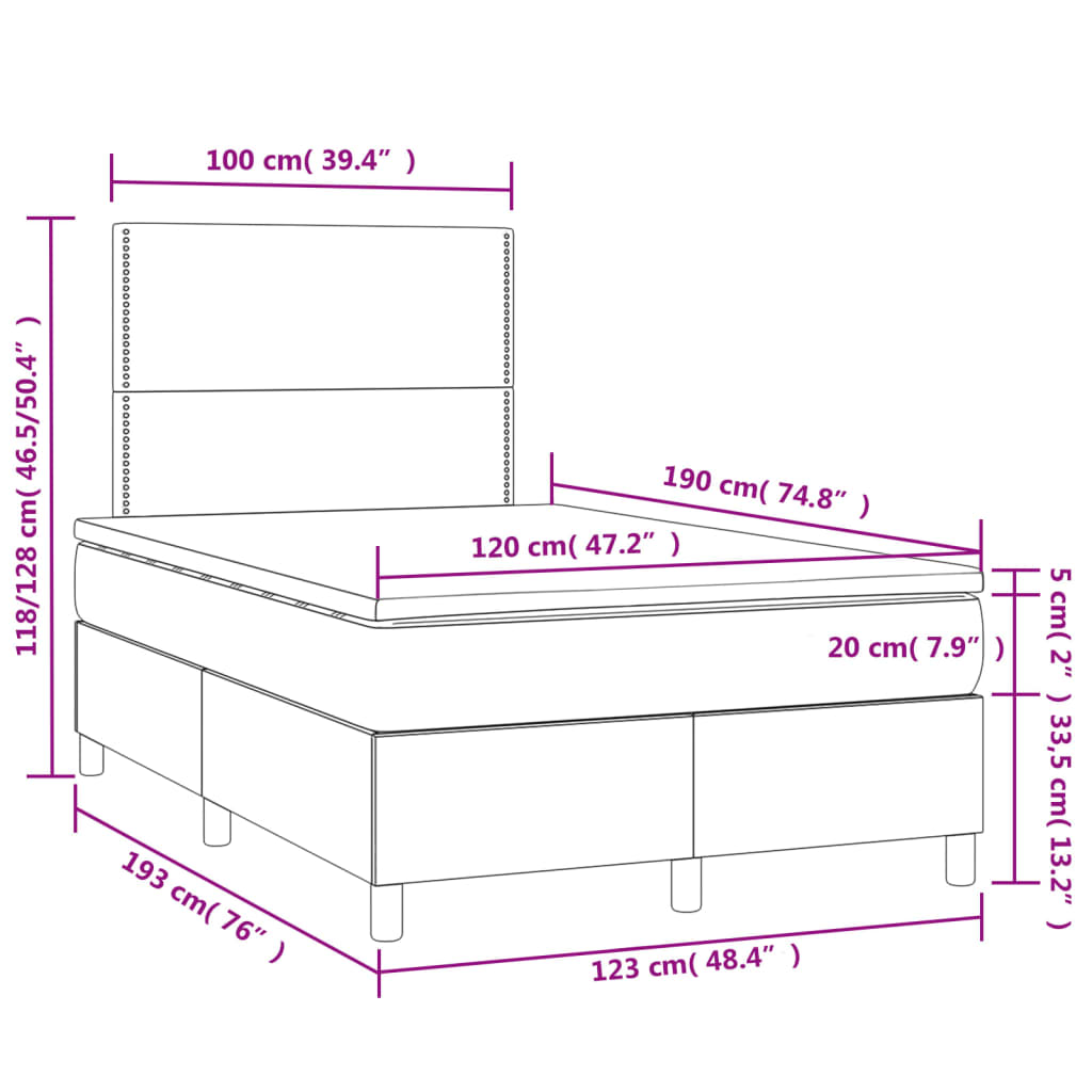 vidaXL Łóżko kontynentalne z materacem i LED, różowe, 120x190 cm