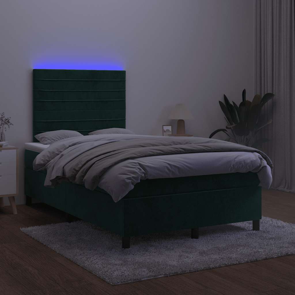 vidaXL Łóżko kontynentalne z materacem i LED, ciemnozielone, 120x190cm
