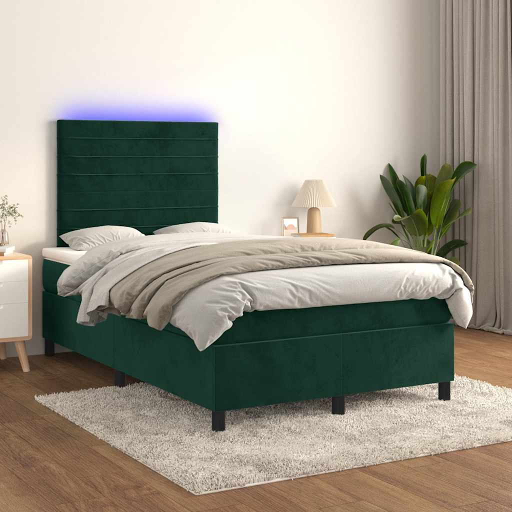 vidaXL Łóżko kontynentalne z materacem i LED, ciemnozielone, 120x190cm