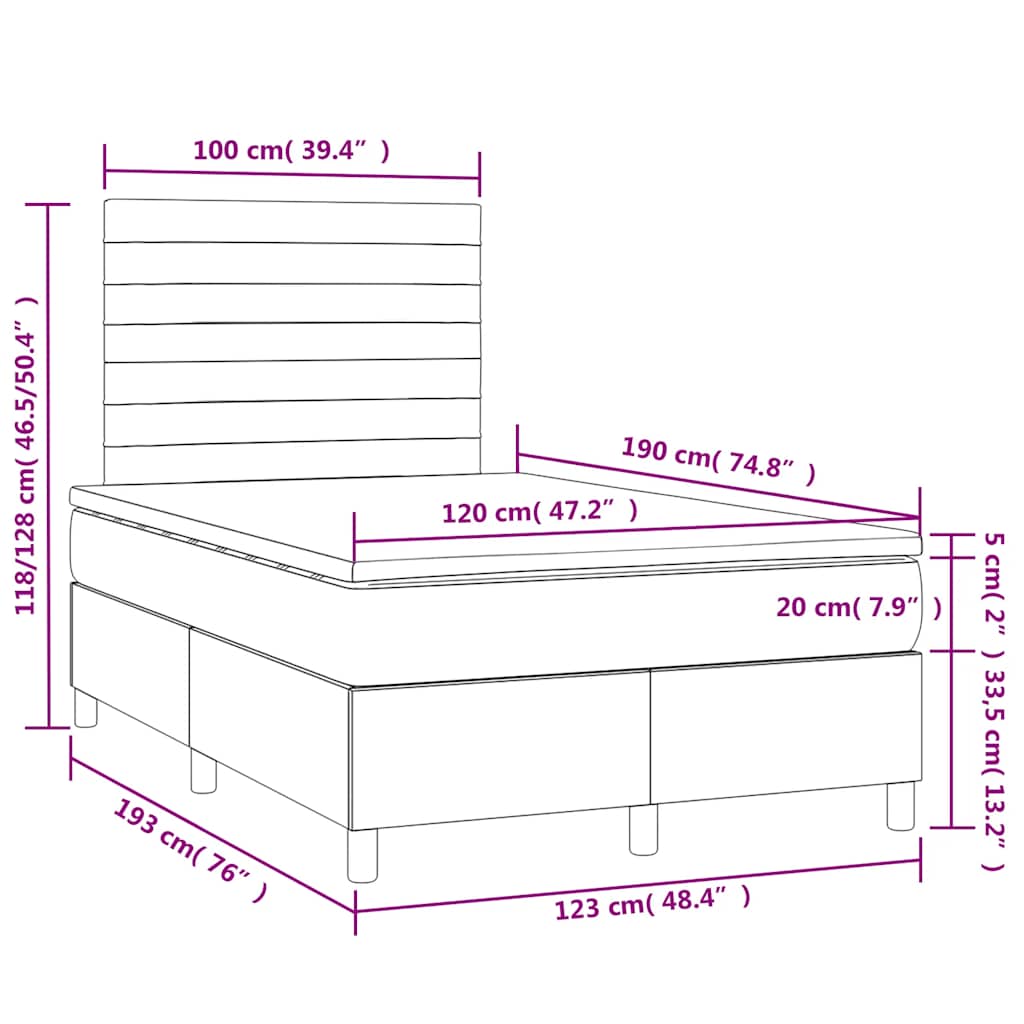 vidaXL Łóżko kontynentalne z materacem i LED, ciemnozielone, 120x190cm