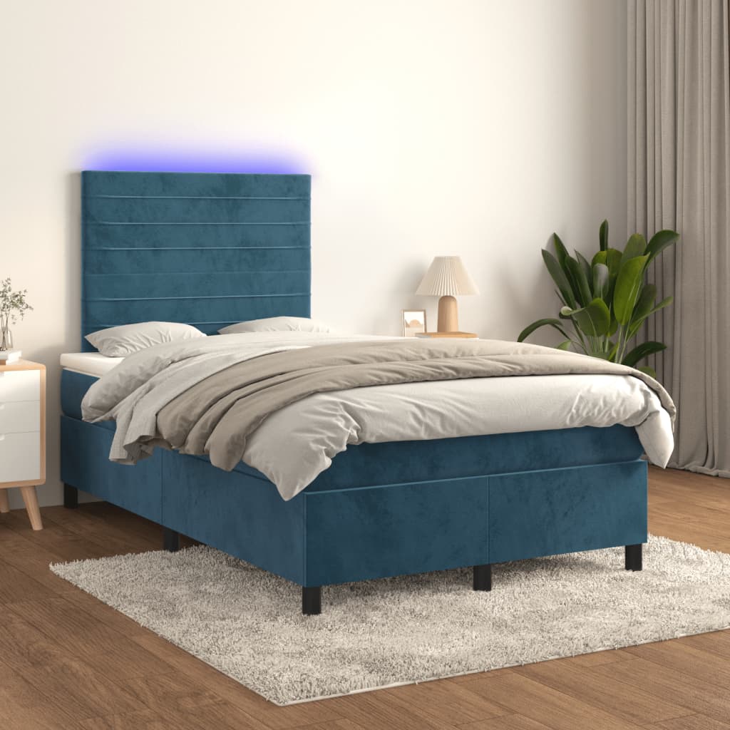 vidaXL Łóżko kontynentalne z materacem i LED, granatowe, 120x190 cm