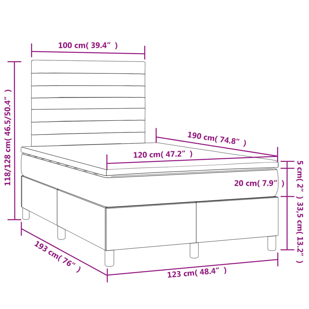 vidaXL Łóżko kontynentalne z materacem i LED, różowe, 120x190 cm