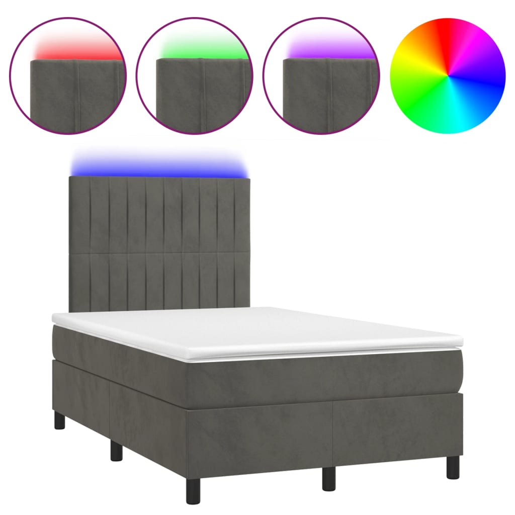 vidaXL Łóżko kontynentalne z materacem i LED, ciemnoszare, 120x190 cm