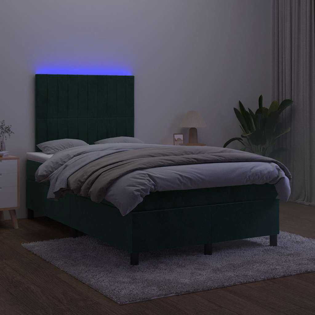 vidaXL Łóżko kontynentalne z materacem i LED, ciemnozielone, 120x190cm