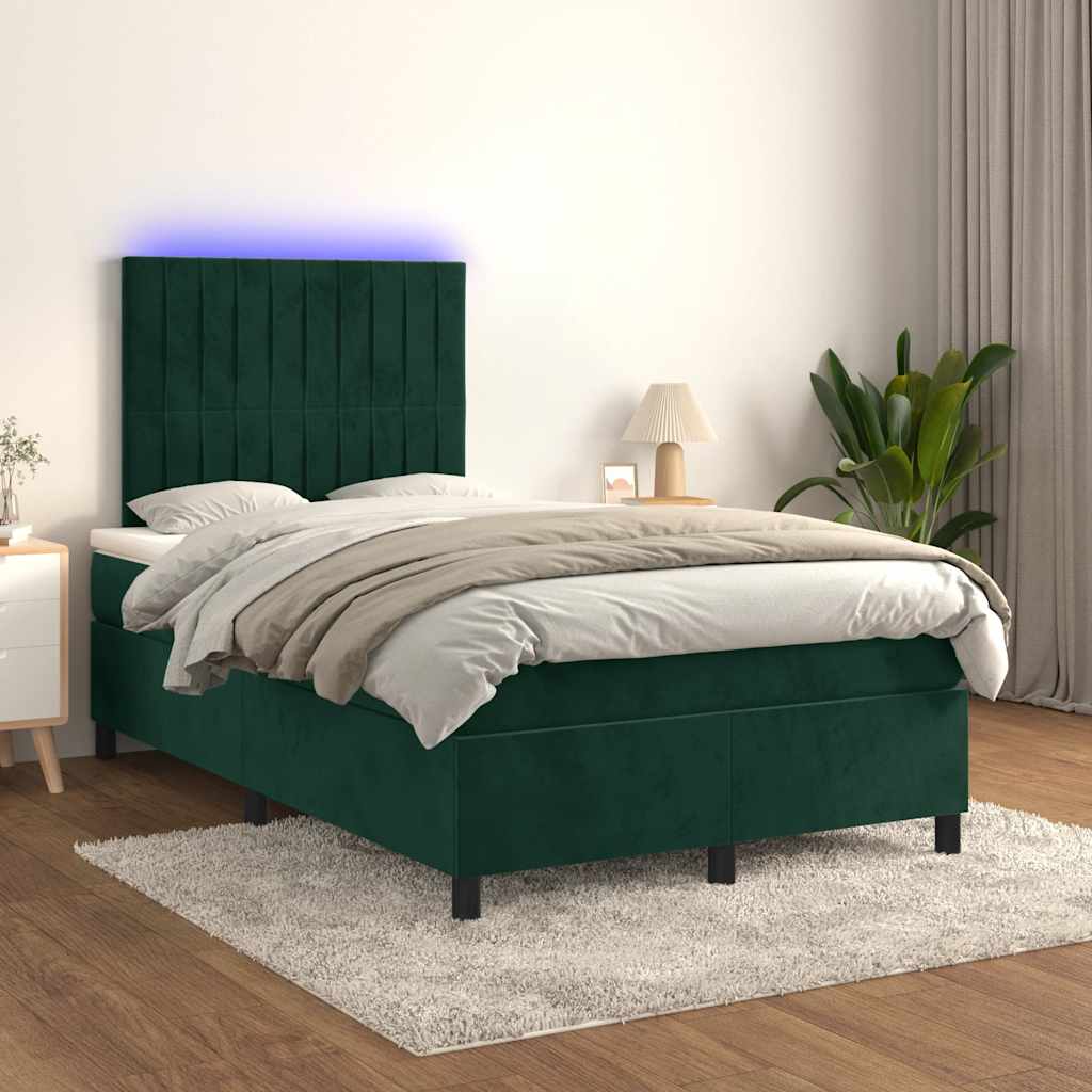 vidaXL Łóżko kontynentalne z materacem i LED, ciemnozielone, 120x190cm