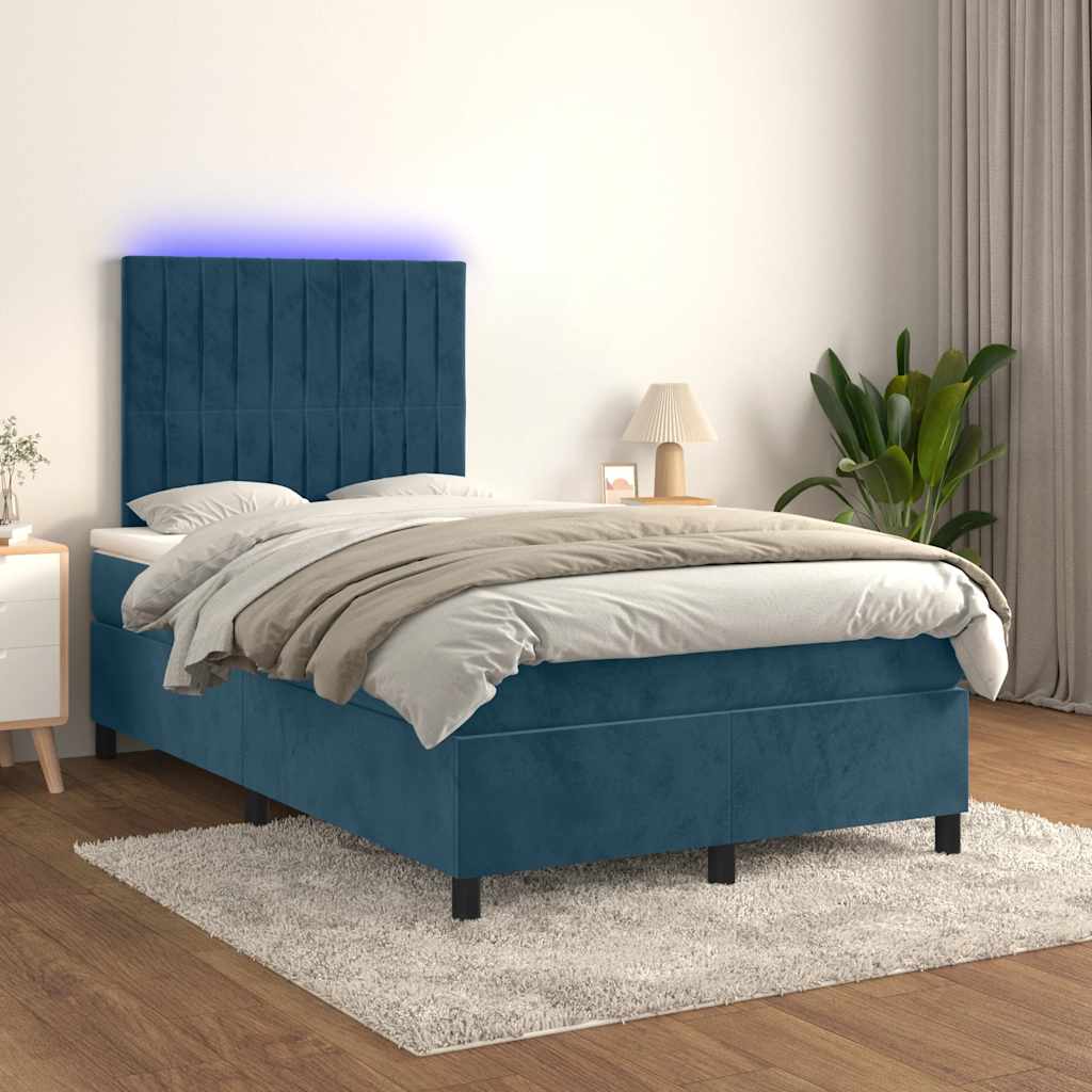 vidaXL Łóżko kontynentalne z materacem i LED, granatowe, 120x190 cm