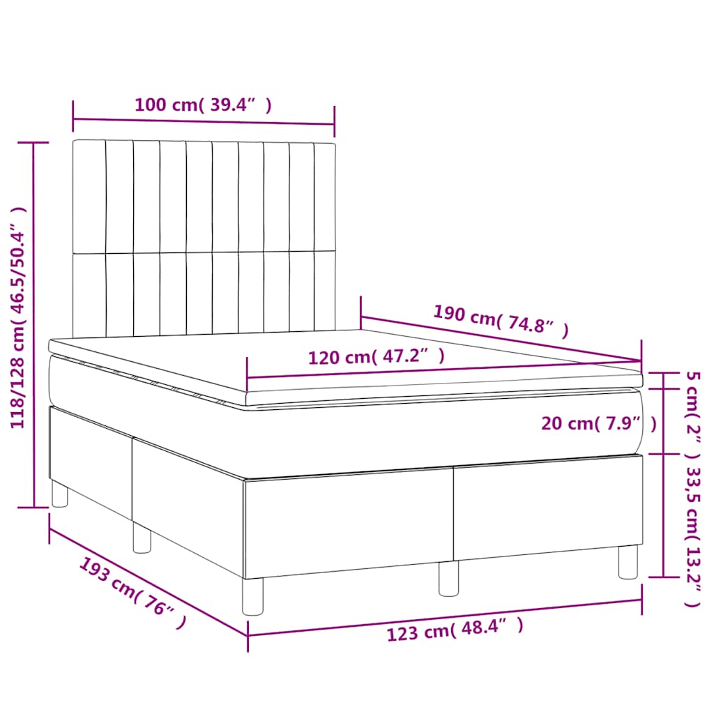 vidaXL Łóżko kontynentalne z materacem i LED, granatowe, 120x190 cm