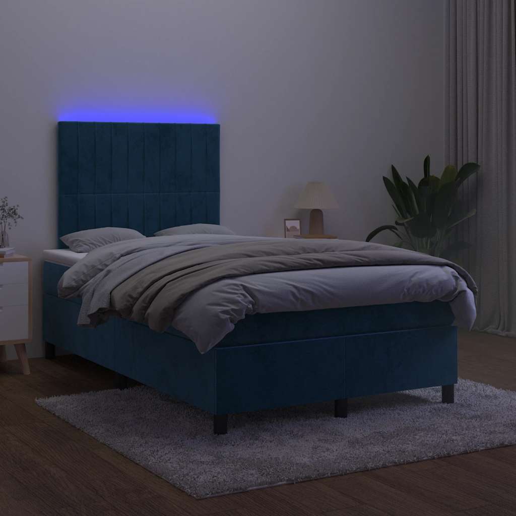 vidaXL Łóżko kontynentalne z materacem i LED, granatowe, 120x190 cm