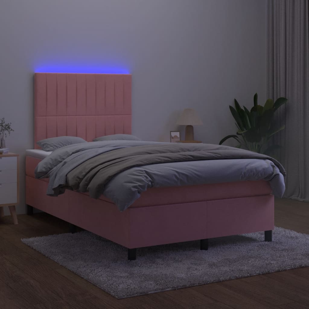 vidaXL Łóżko kontynentalne z materacem i LED, różowe, 120x190 cm