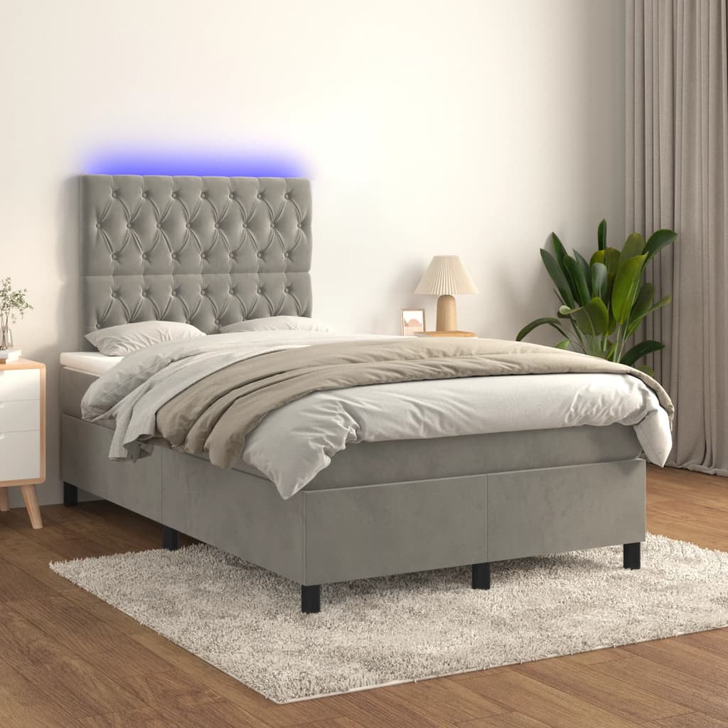 vidaXL Łóżko kontynentalne z materacem i LED, jasnoszare, 120x190 cm