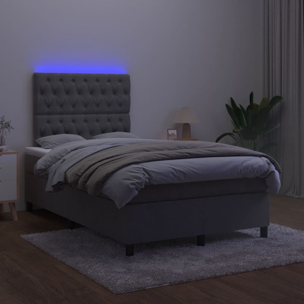 vidaXL Łóżko kontynentalne z materacem i LED, ciemnoszare, 120x190 cm