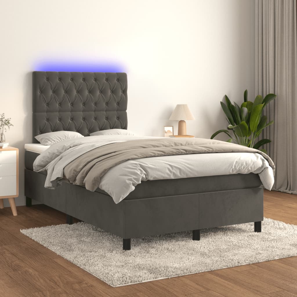 vidaXL Łóżko kontynentalne z materacem i LED, ciemnoszare, 120x190 cm