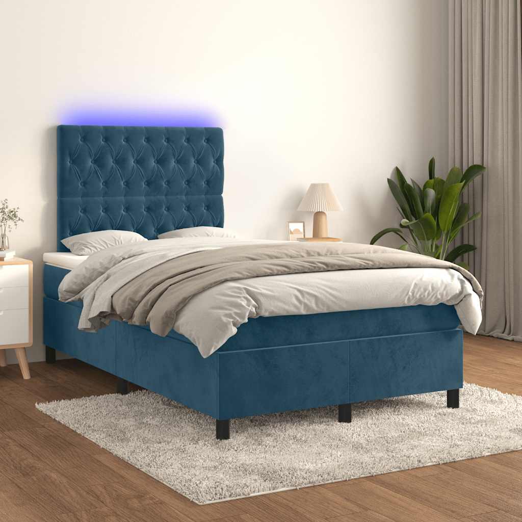 vidaXL Łóżko kontynentalne z materacem i LED, granatowe, 120x190 cm