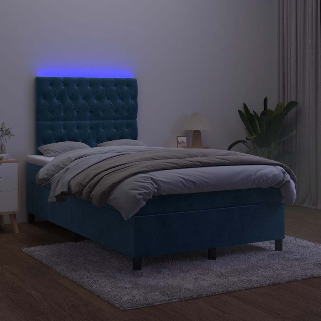 vidaXL Łóżko kontynentalne z materacem i LED, granatowe, 120x190 cm