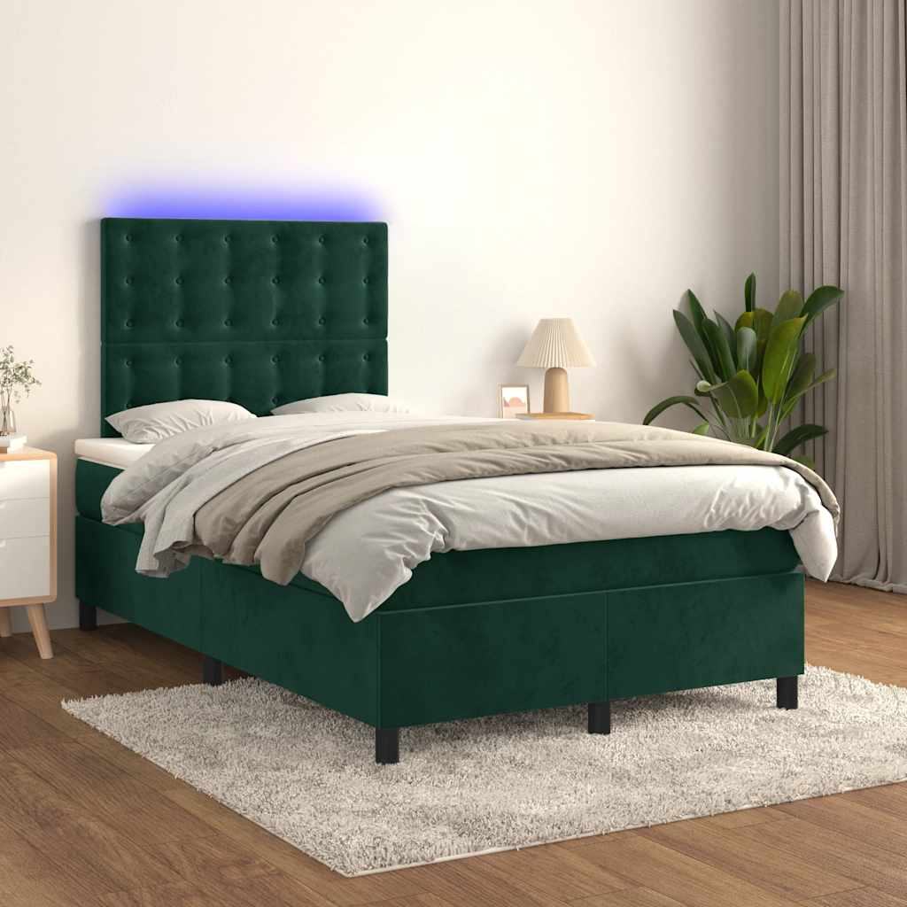 vidaXL Łóżko kontynentalne z materacem i LED, ciemna zieleń, 120x190cm