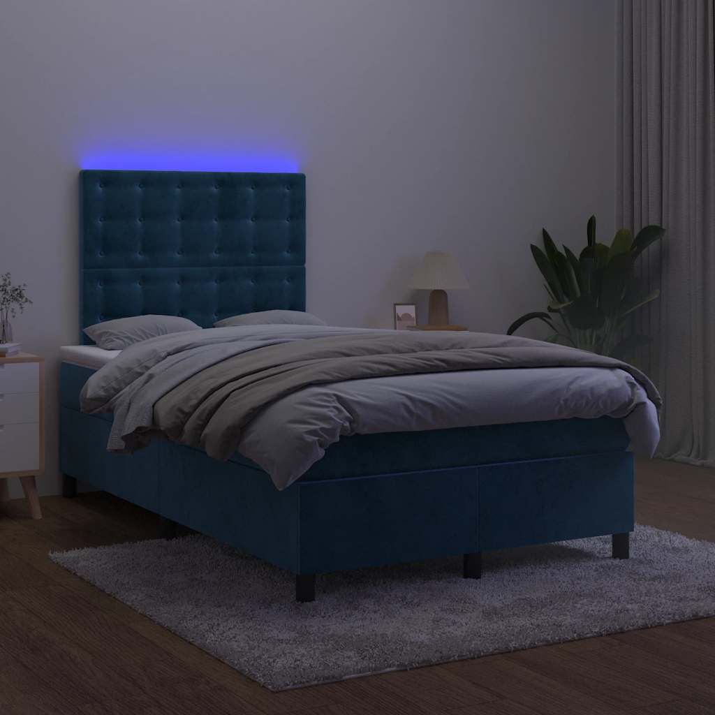 vidaXL Łóżko kontynentalne z materacem i LED, granatowe, 120x190 cm