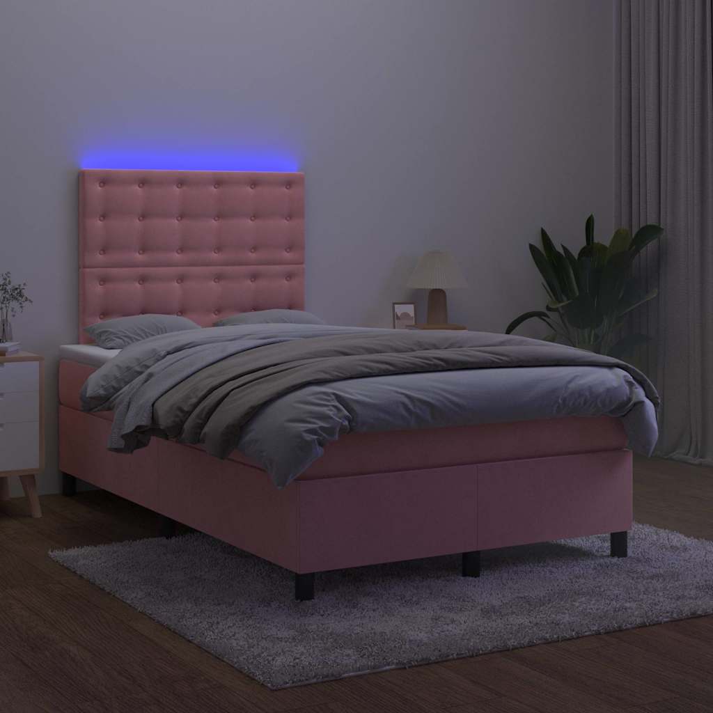 vidaXL Łóżko kontynentalne z materacem i LED, róż, 120x190 cm, aksamit