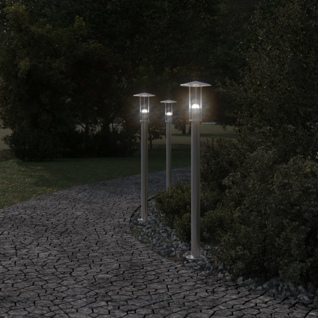 vidaXL Lampy ogrodowe na słupku, 3 szt., srebrne, 100 cm, stal