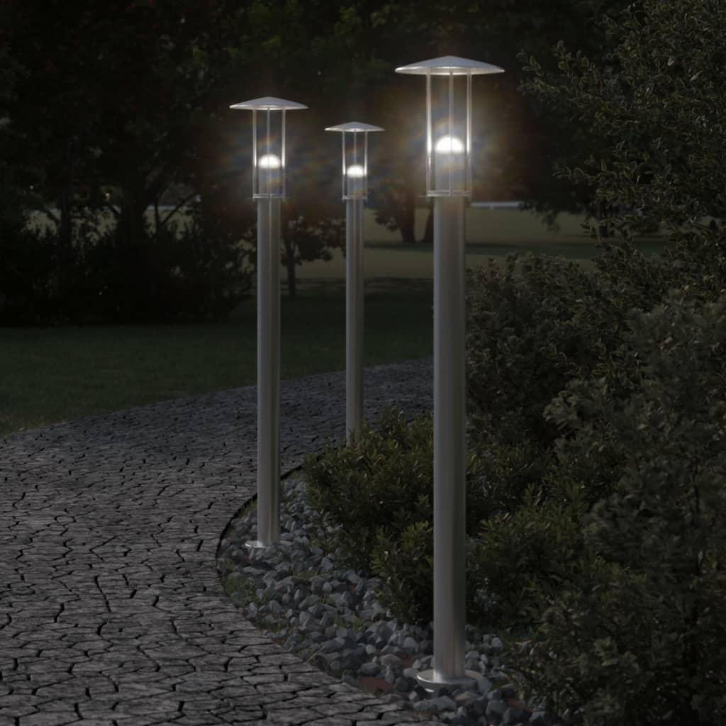 vidaXL Lampy ogrodowe na słupku, 3 szt., srebrne, 100 cm, stal