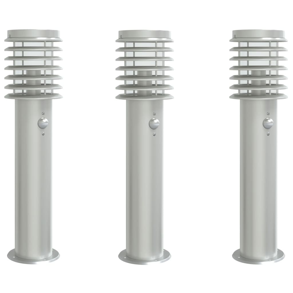 vidaXL Lampy ogrodowe na słupku, z czujnikiem, 3 szt., srebrne, 60 cm