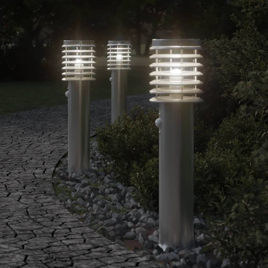 vidaXL Lampy ogrodowe na słupku, z czujnikiem, 3 szt., srebrne, 60 cm
