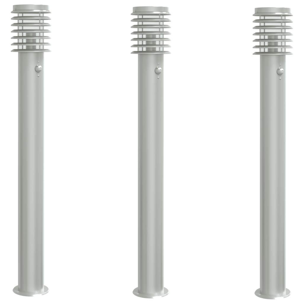 vidaXL Lampy ogrodowe na słupku, z czujnikiem, 3 szt., srebrne, 110 cm