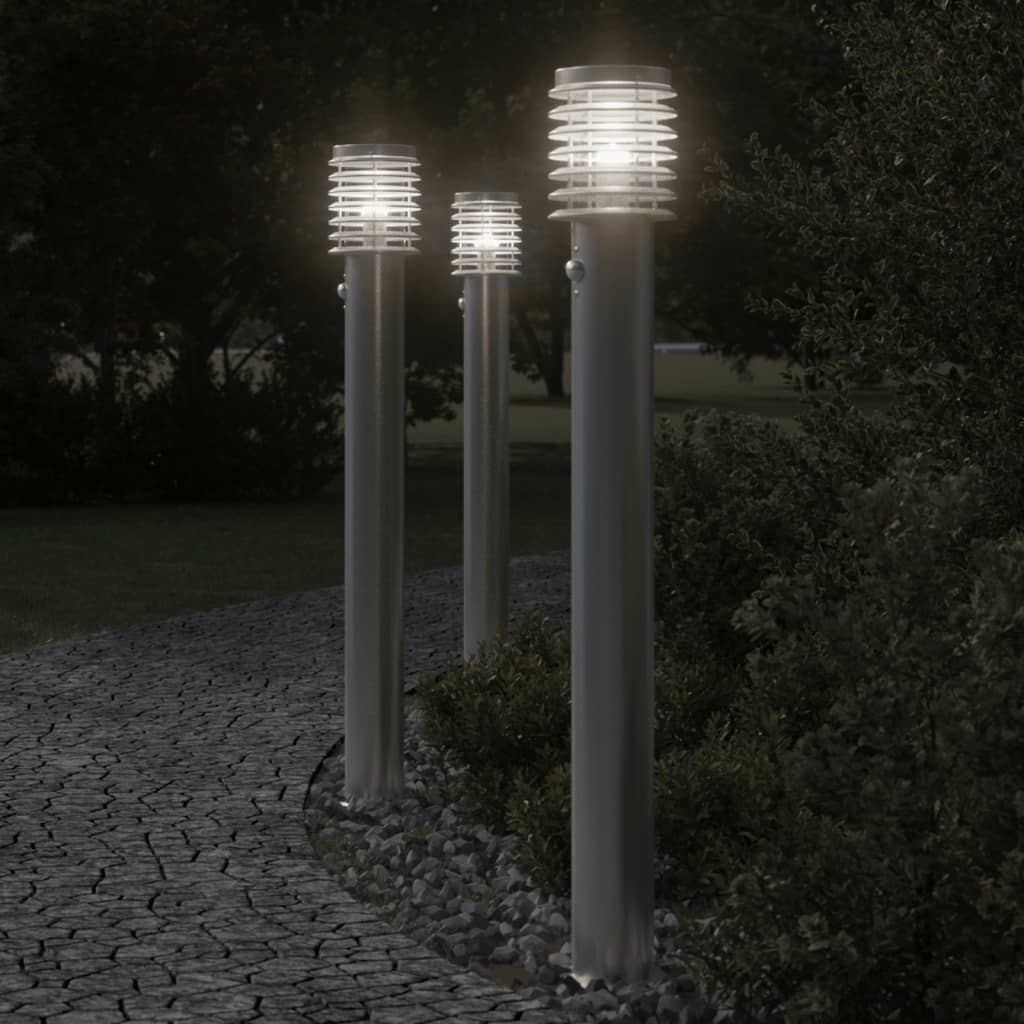 vidaXL Lampy ogrodowe na słupku, z czujnikiem, 3 szt., srebrne, 110 cm