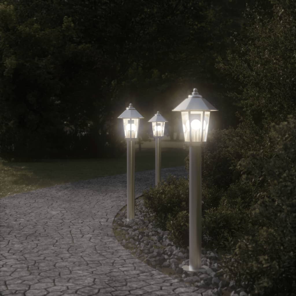 vidaXL Lampy ogrodowe na słupku, 3 szt., srebrne, 80 cm, stal