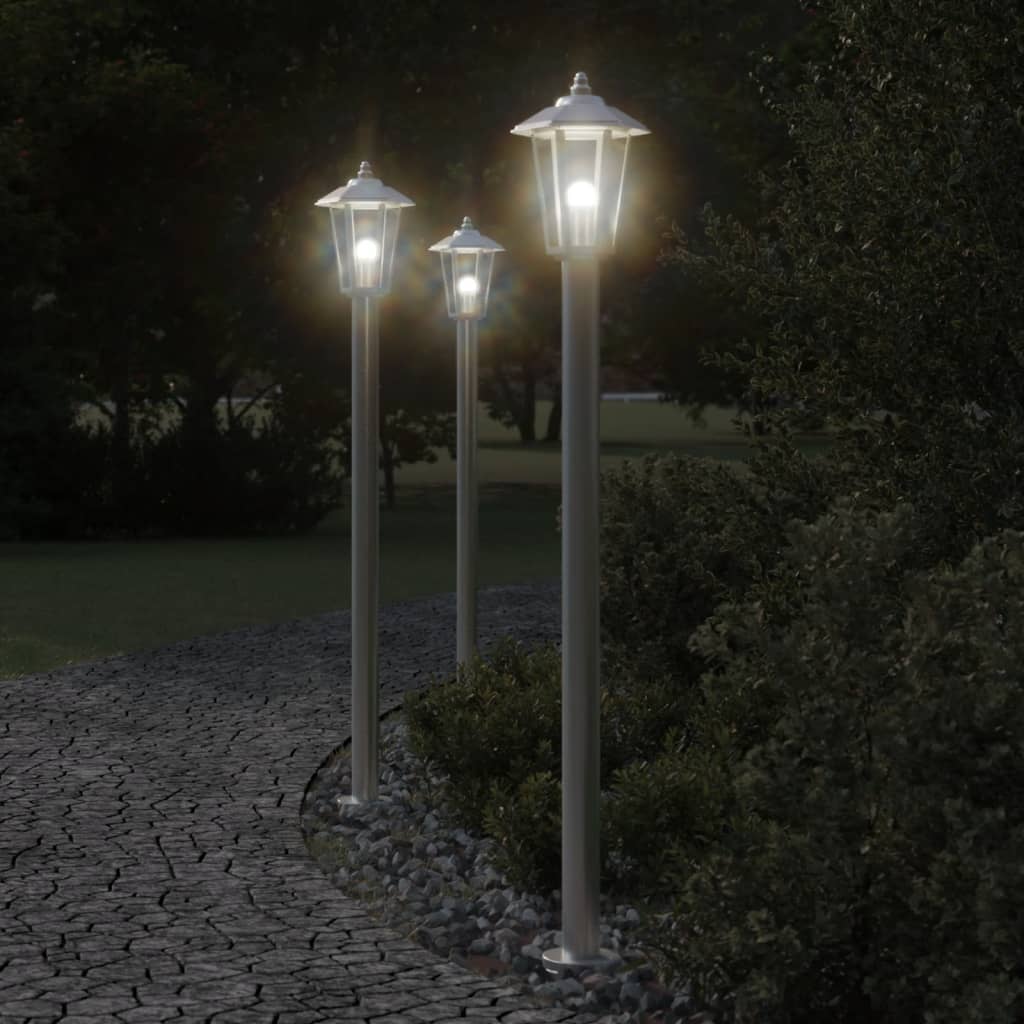 vidaXL Lampy ogrodowe na słupku, 3 szt., srebrne, 120 cm, stal
