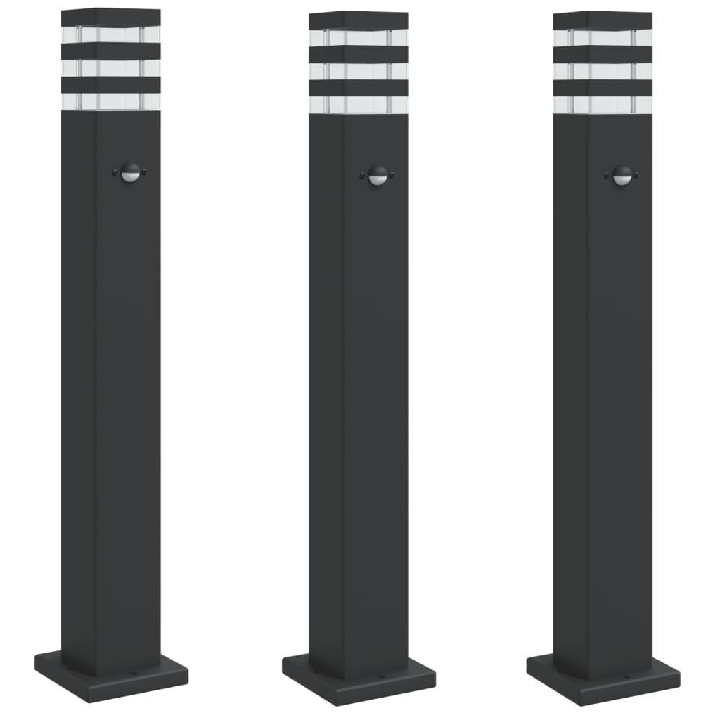 vidaXL Zewnętrzne lampy stojące, z czujnikami, 3 szt., czarne, 80 cm