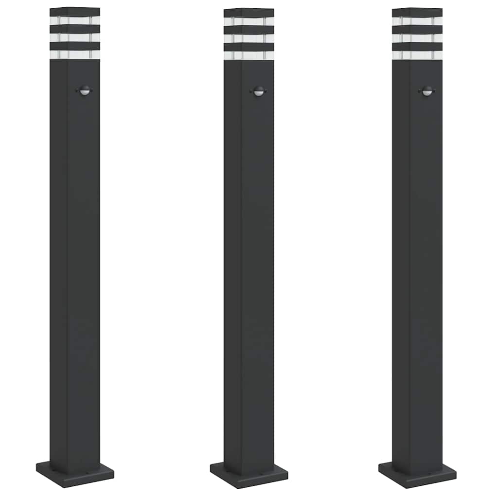 vidaXL Zewnętrzne lampy stojące, z czujnikami, 3 szt., czarne, 110 cm