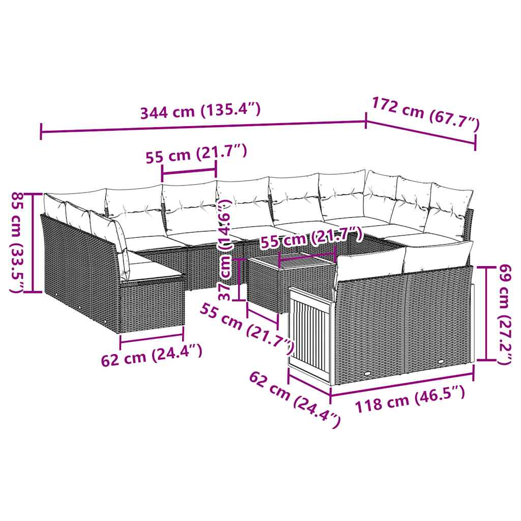 vidaXL 13-cz. zestaw mebli do ogrodu, poduszki, czarny, rattan PE