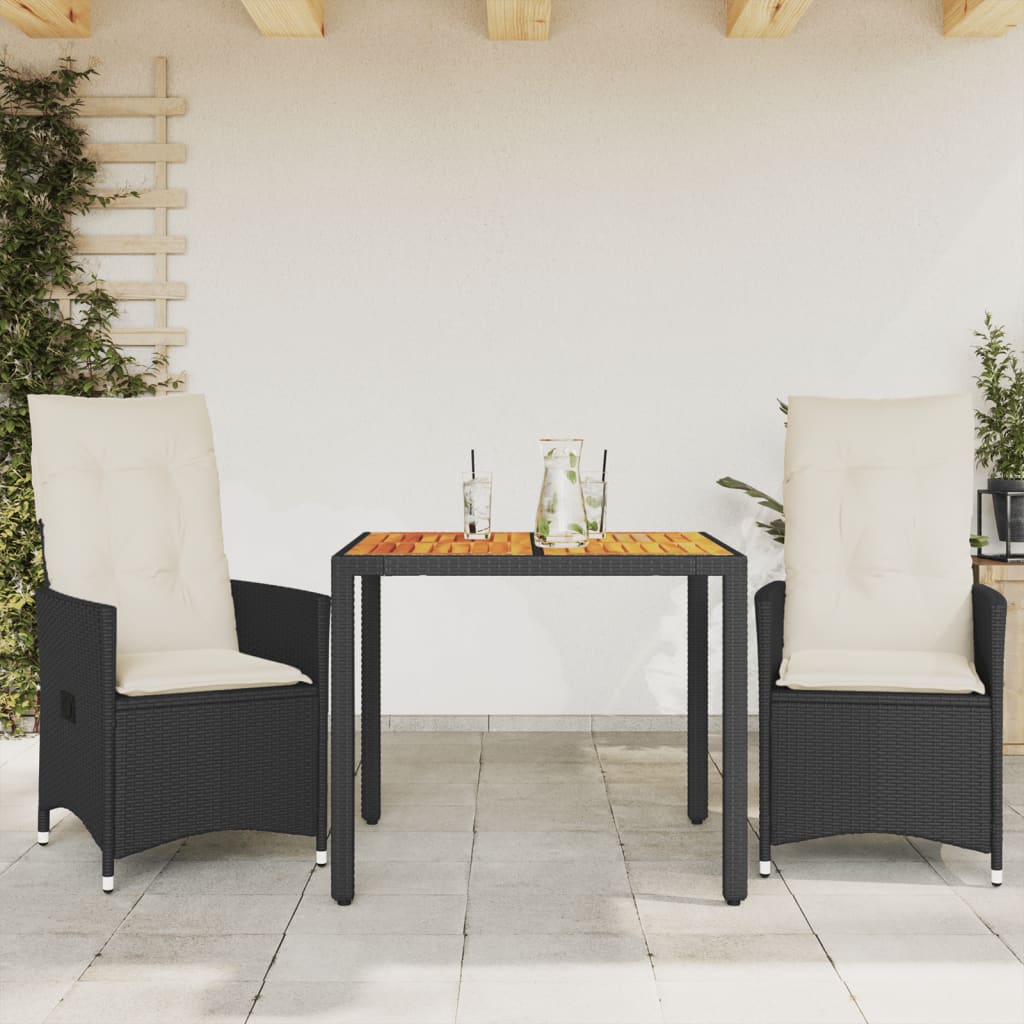 vidaXL 3-cz. zestaw mebli bistro, poduszki, czarny rattan PE i akacja
