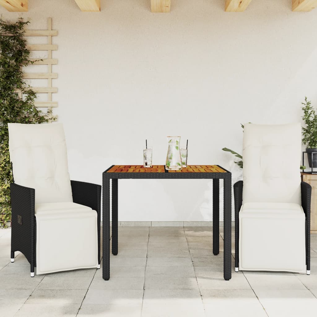 vidaXL 3-cz. zestaw mebli bistro z poduszkami, czarny, polirattan