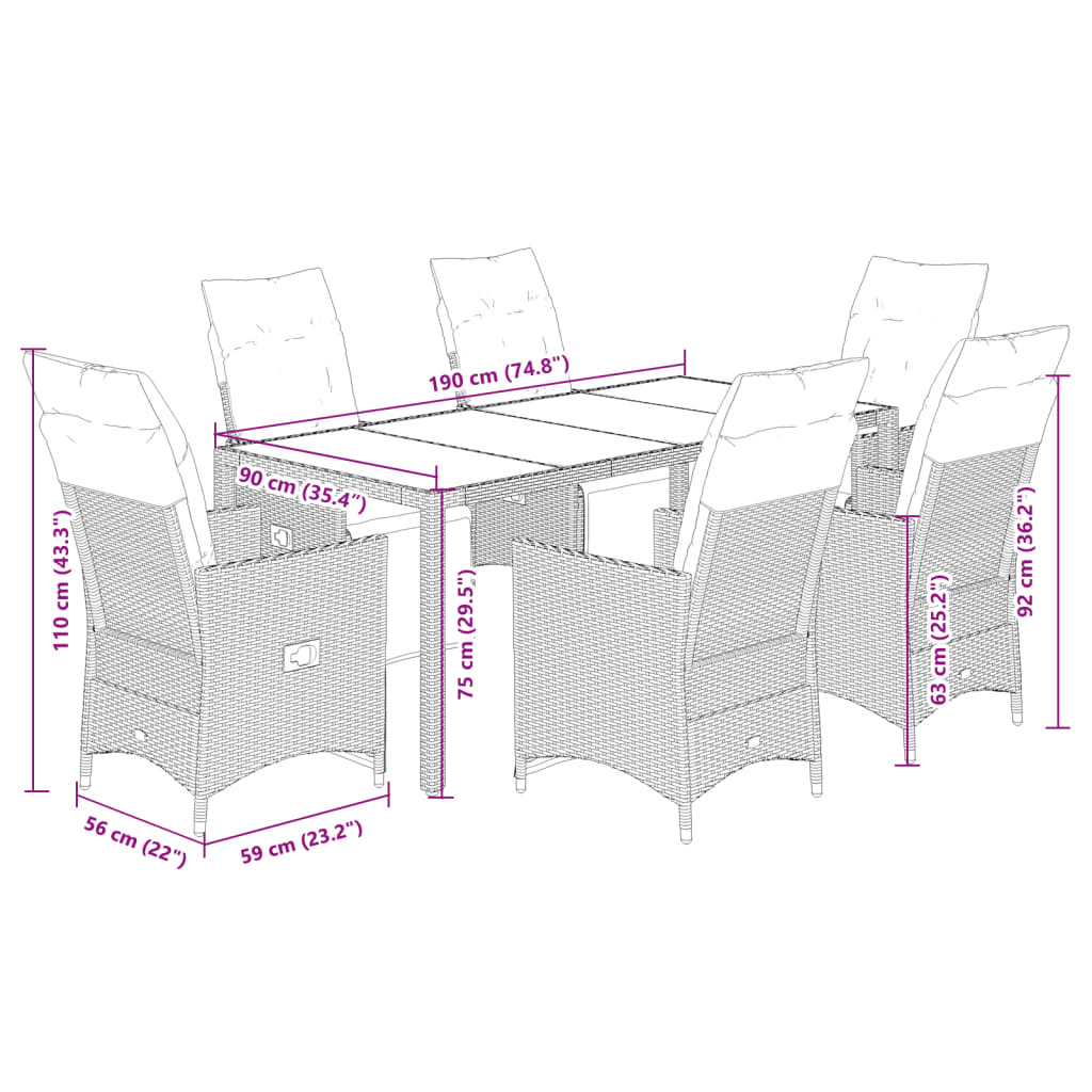 vidaXL 7-cz. zestaw mebli bistro z poduszkami, brązowy, polirattan