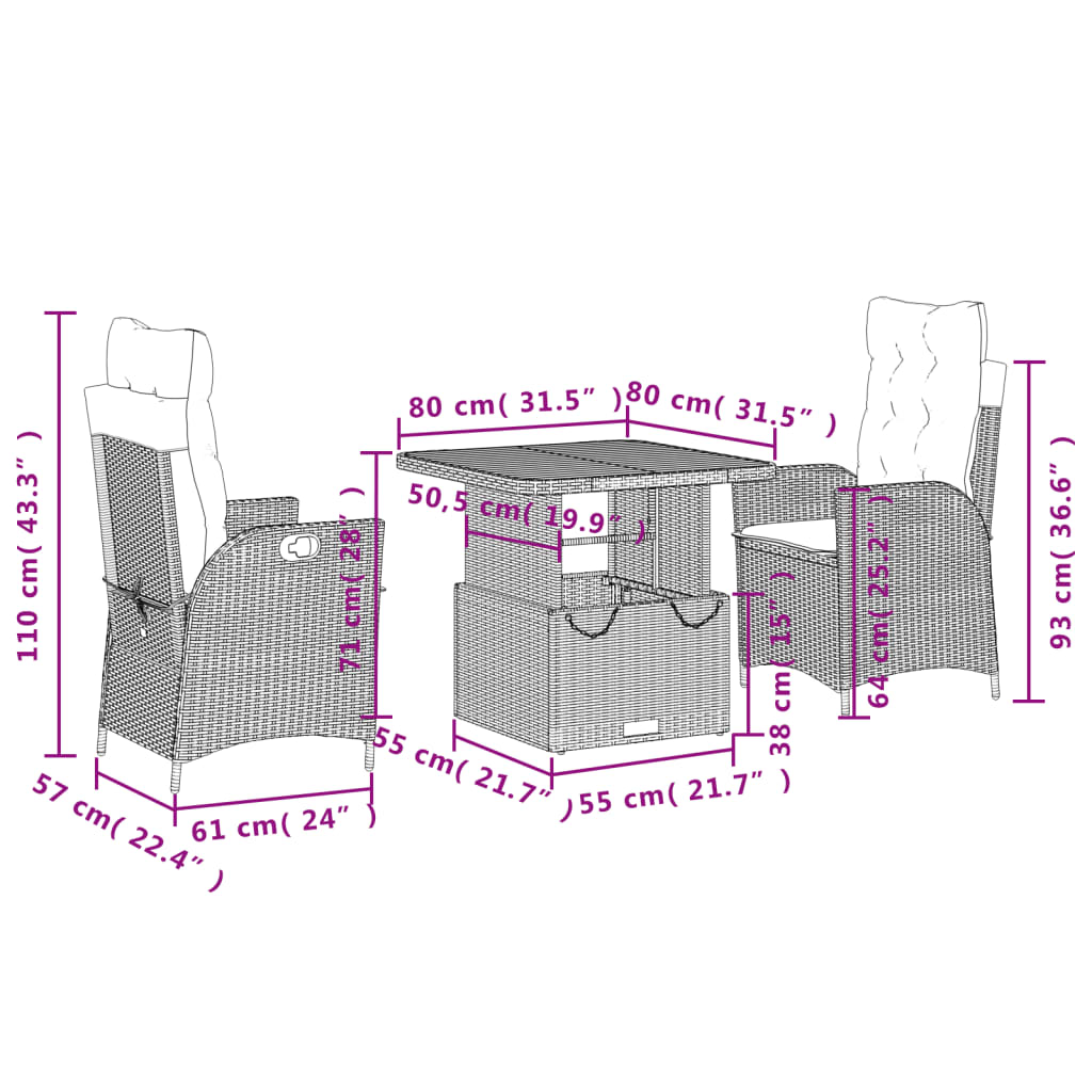 vidaXL 3-cz. zestaw mebli ogrodowych z poduszkami, szary rattan PE