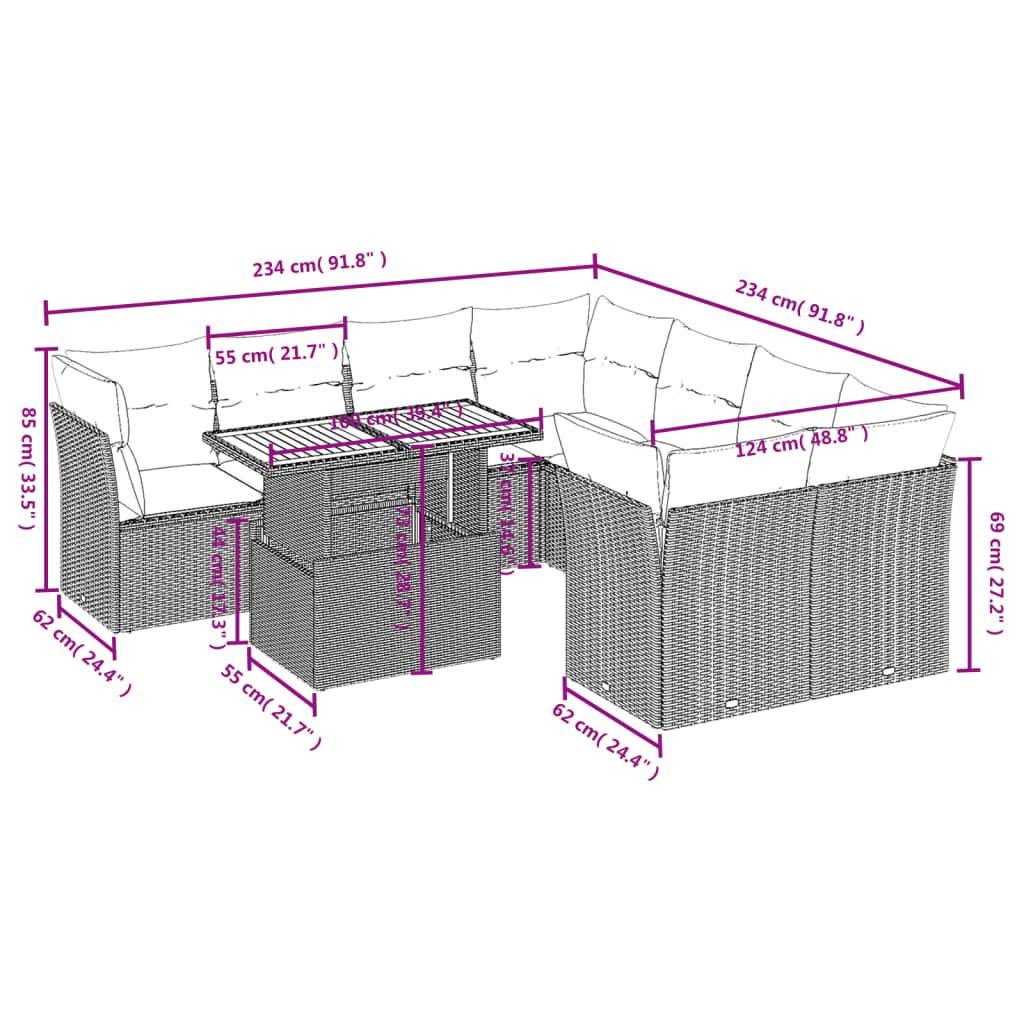 vidaXL 9-cz. zestaw mebli ogrodowych z poduszkami, beżowy, polirattan