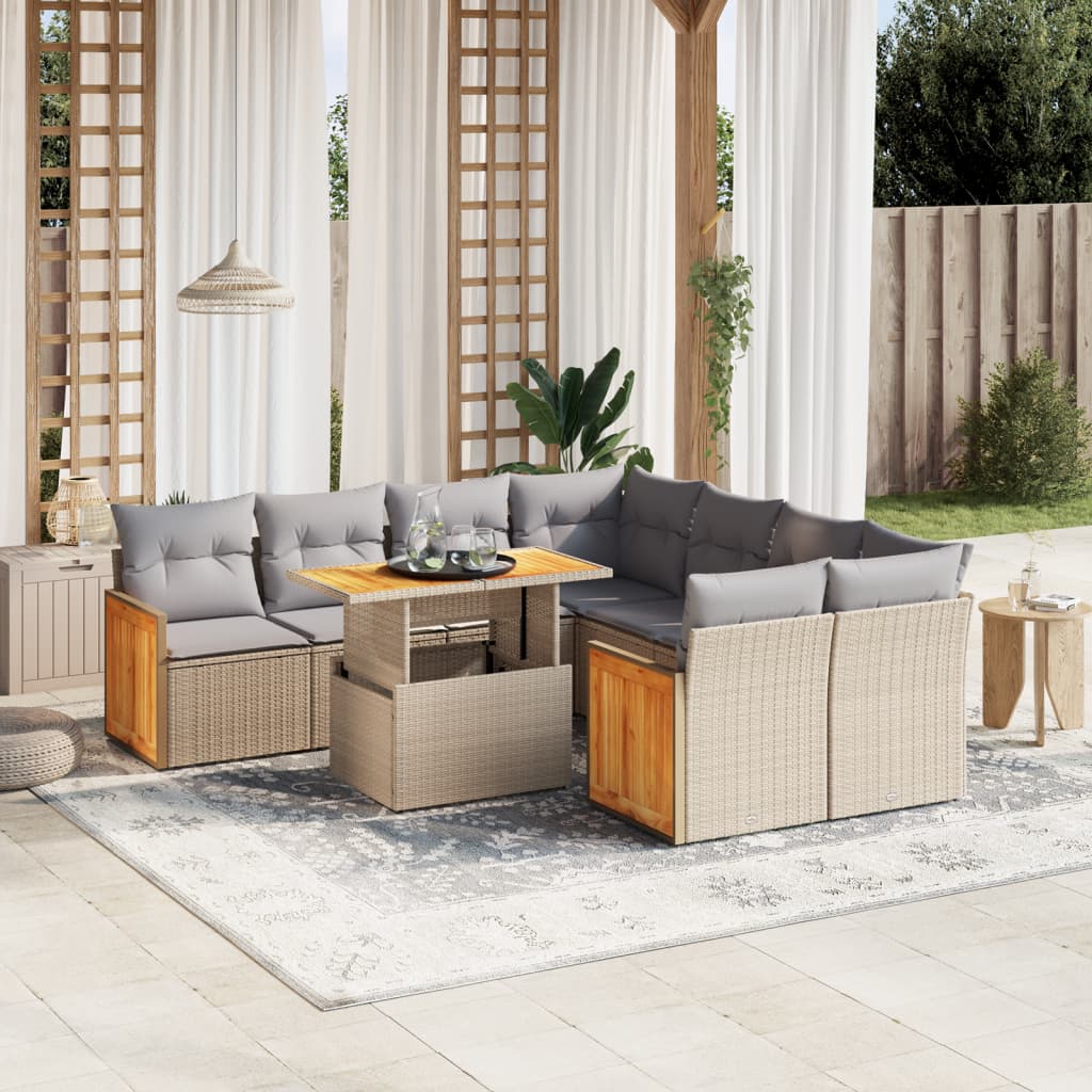 vidaXL 9-cz. zestaw mebli ogrodowych z poduszkami, beżowy, polirattan