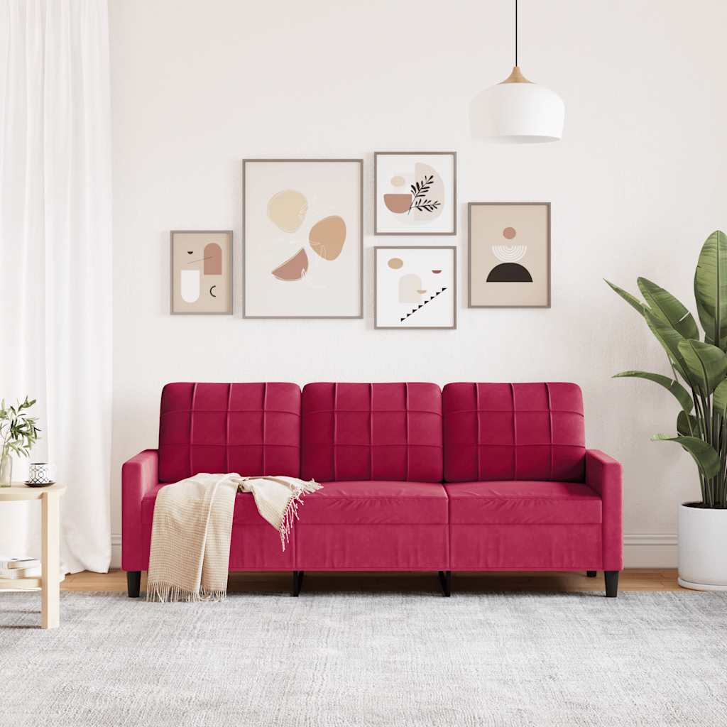 vidaXL Sofa 3-osobowa, winna czerwień, 180 cm, obita aksamitem