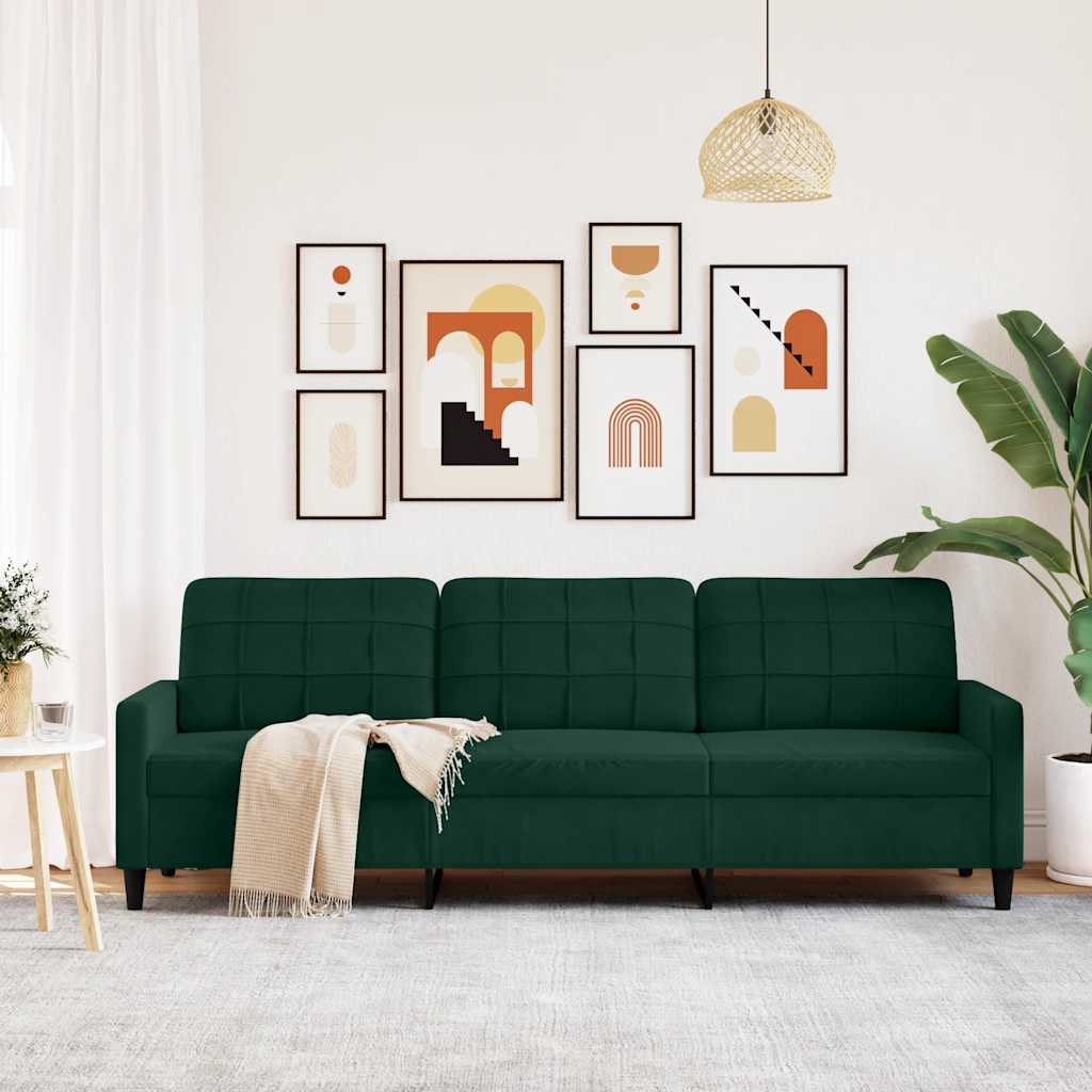 vidaXL Sofa 3-osobowa, ciemnozielony, 210 cm, obita aksamitem