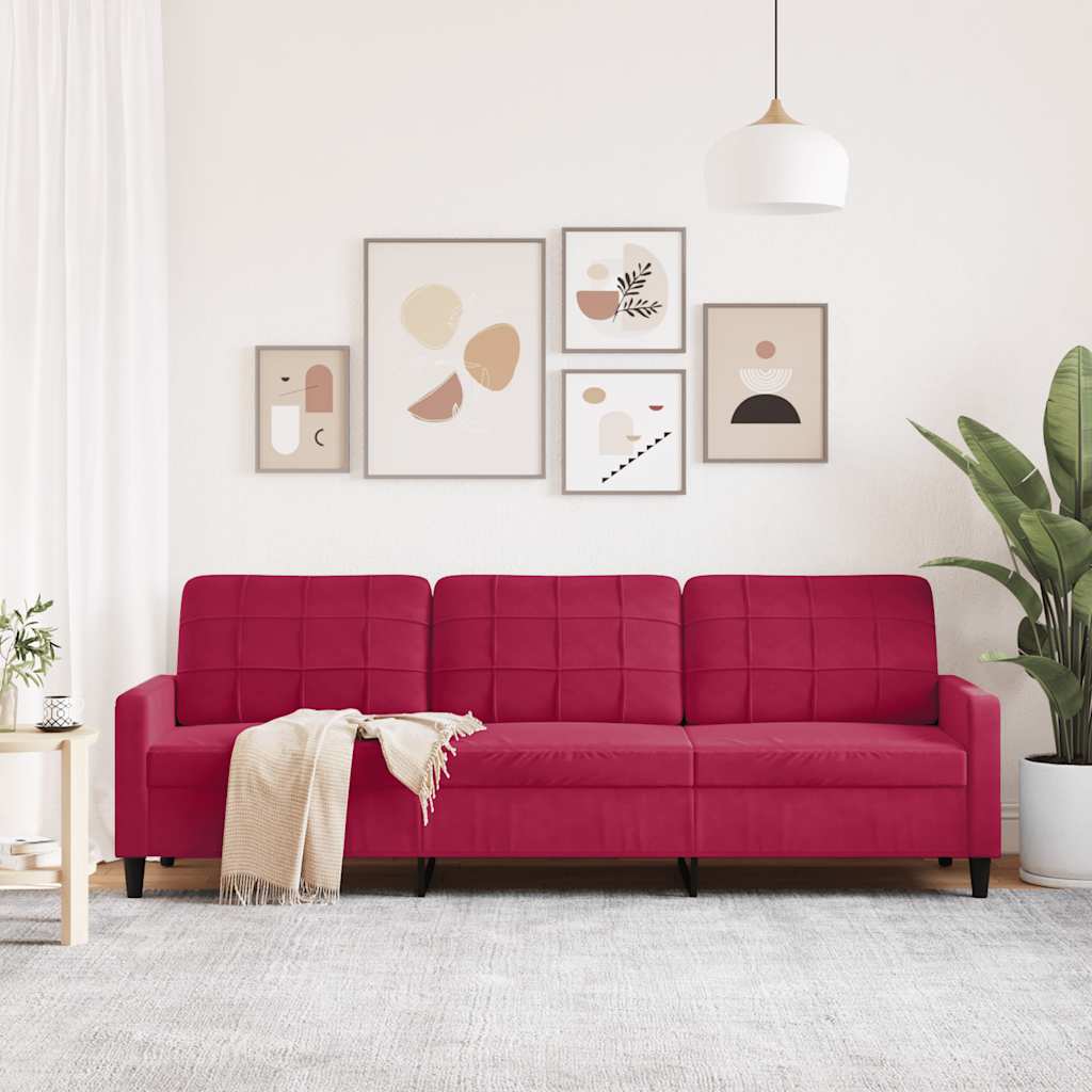 vidaXL Sofa 3-osobowa, winna czerwień, 210 cm, obita aksamitem