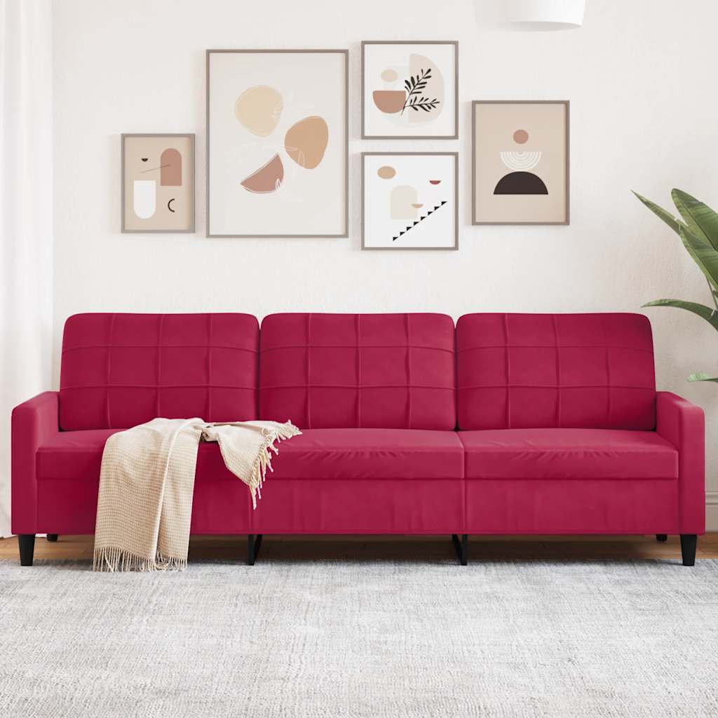 vidaXL Sofa 3-osobowa, winna czerwień, 210 cm, obita aksamitem