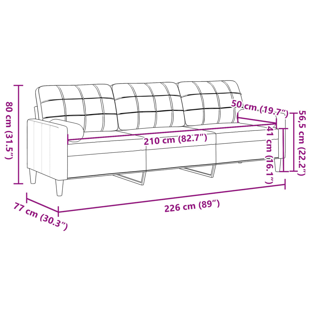 vidaXL 3-osobowa sofa z poduszkami, jasnoszara, 210 cm, aksamitna
